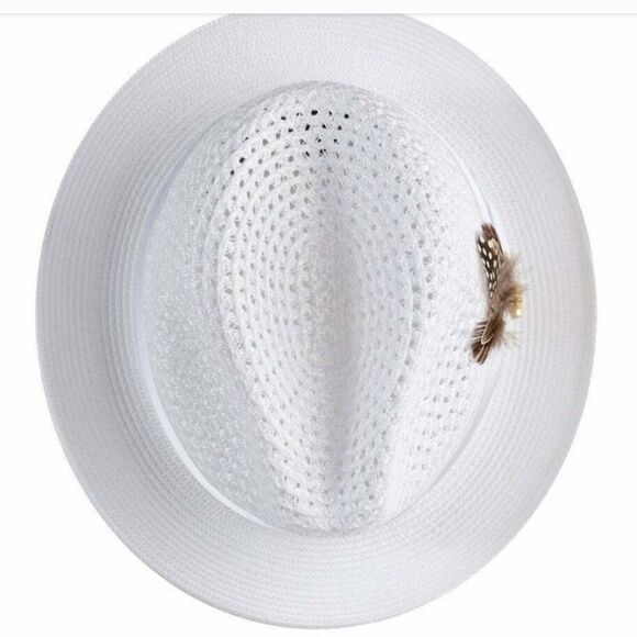 MONTIQUE MEN'S WHITE COLOR PINCH BRAIDED FEDORA WITH MATCHING SATIN RIBBON. H34 - Picture 4 of 4